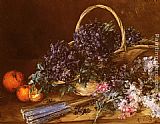 Table Canvas Paintings - A Still Life with a Basket of Flowers, Oranges and a Fan on a Table